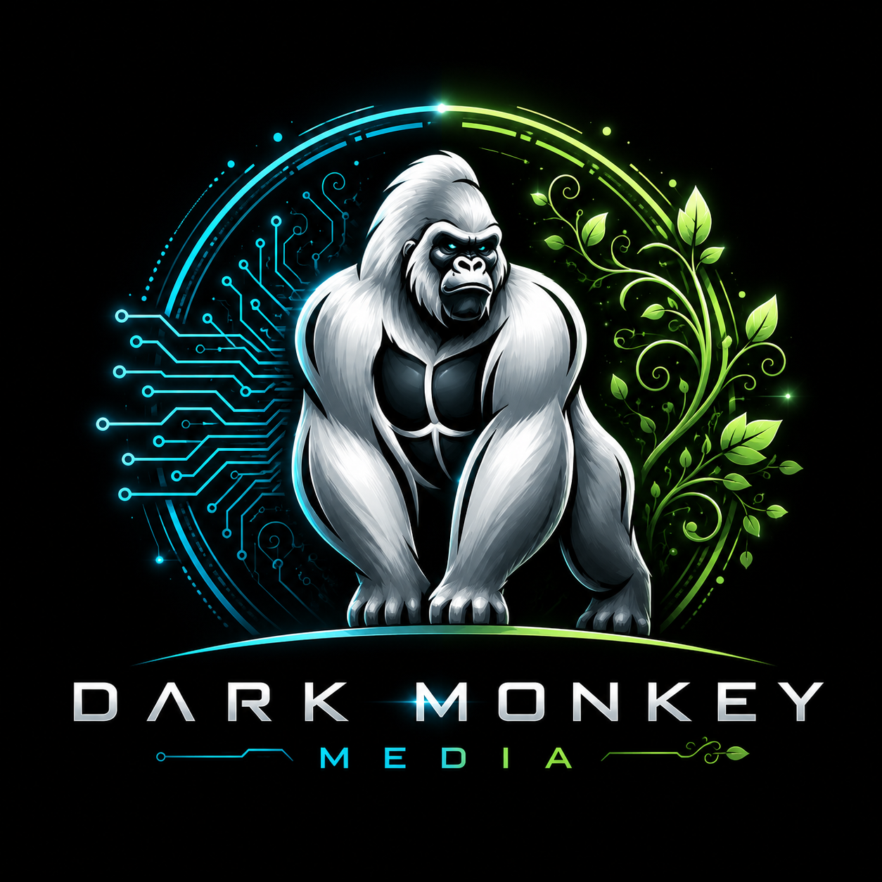 Dark Monkey Media gorilla logo with cyan technology and green growth accents