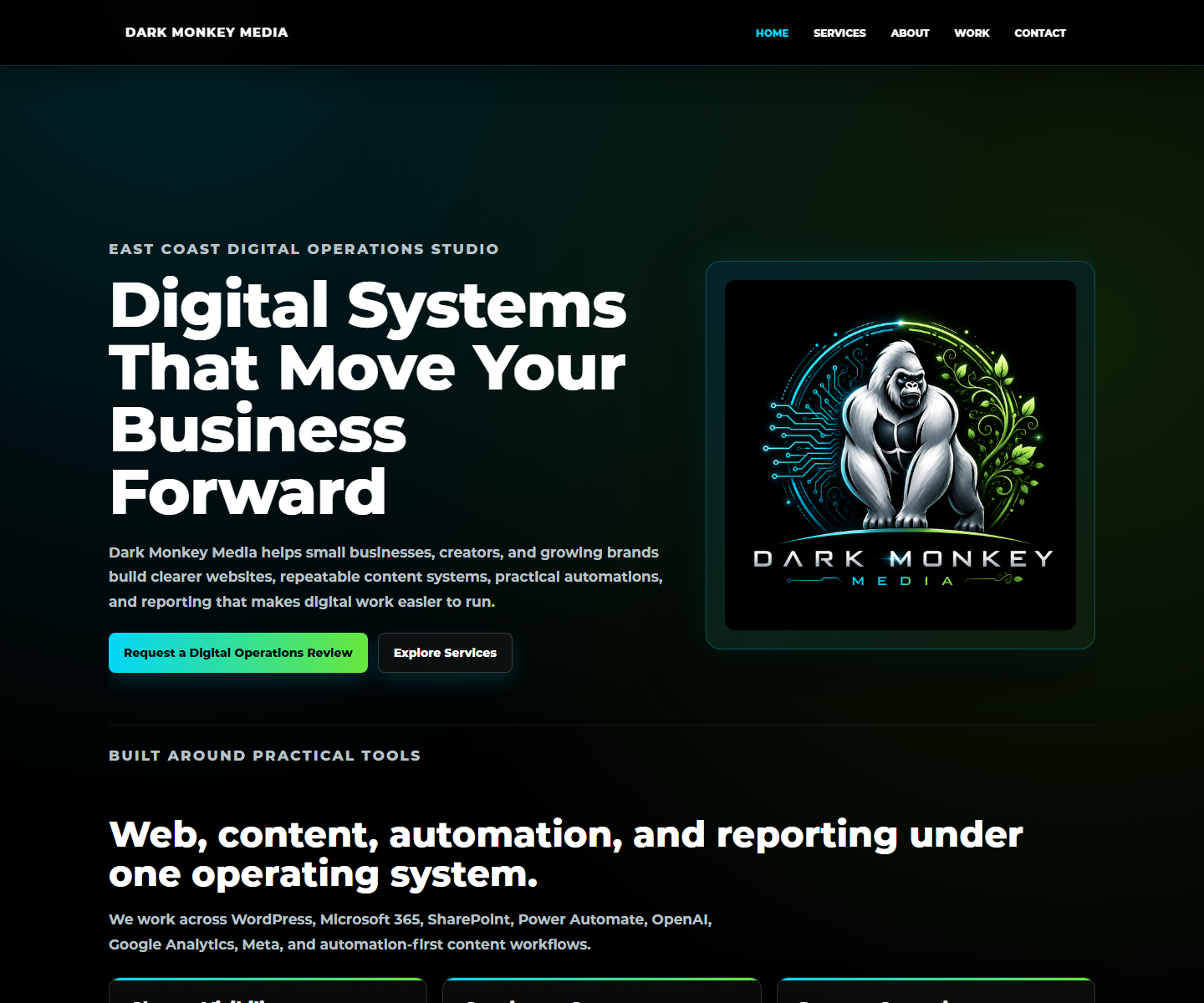 Dark Monkey Media homepage showing digital operations positioning and service overview
